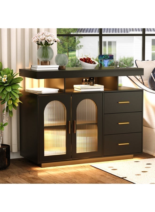 Eleva Home Sideboard Buffet Cabinet with Storage, 3 Drawers, 2 Doors, Auto-Sensor 20 Color Lights Console Table with Charging Station, Touch Control Console Coffee Bar Table for Kitchen, Dinning (Black) - Image 1